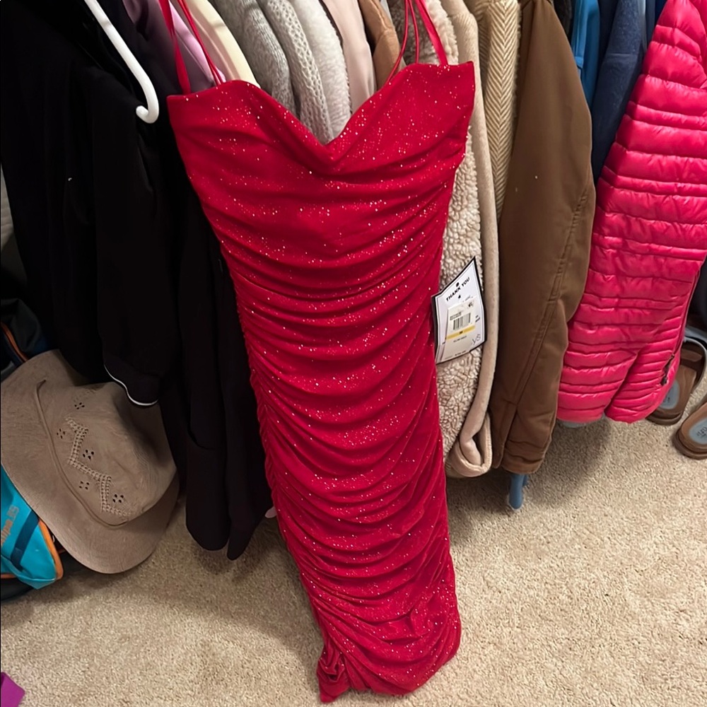 Macy's Red Glitter Ruched Dress